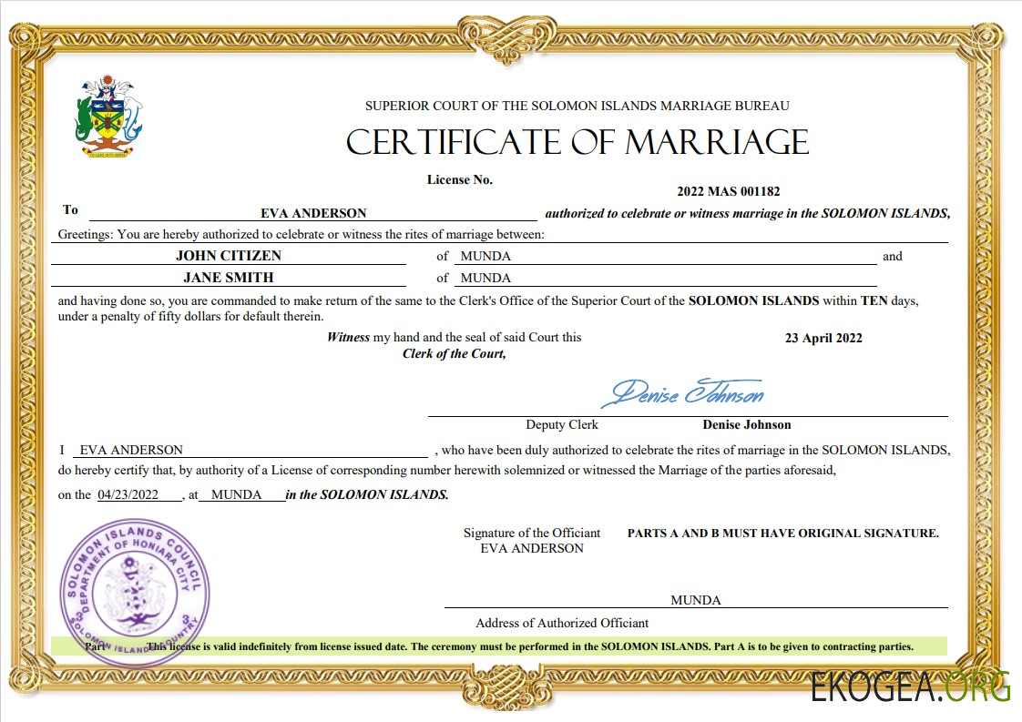 Modèle Word et PDF de certificat de mariage des Îles Salomon